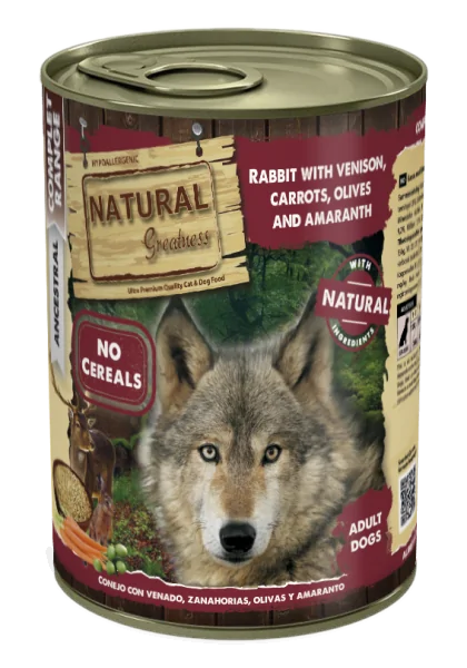 Comida Natural Greatness Perro Conejo con Venado, Zanahorias, Aceitunas y Amaranto 400 g