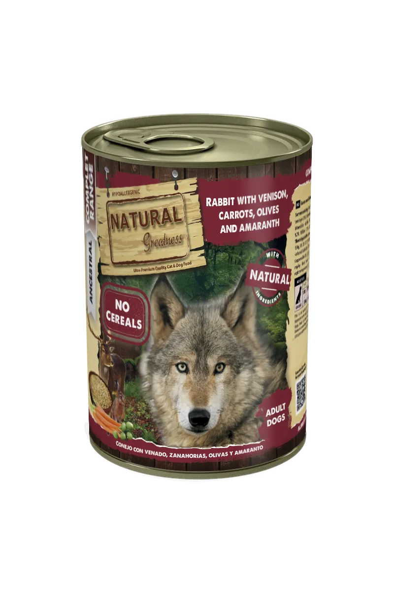 Comida Natural Greatness Perro Conejo con Venado, Zanahorias, Aceitunas y Amaranto 400 g