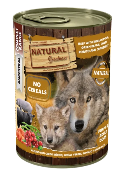 Comida Natural Greatness Perro Vacuno con Cerdo Ibérico, Judías Verdes, Boniato y Arándanos 400 g