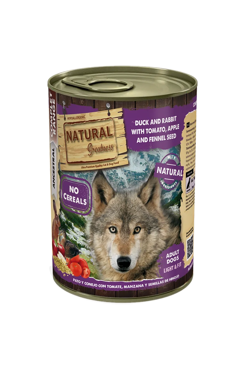 Comida Natural Greatness Perro Pato y Conejo con Tomate, Manzana y Semillas de Hinojo 400 g