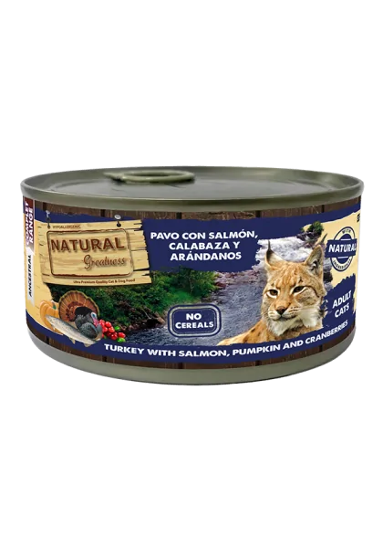 Comida Premium Para Gatos Con Pavo Salmón Calabaza y Arándanos 185 g