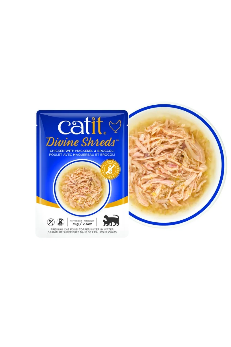 Comida Húmeda Gatos Catit DivineShreds Sopa Pollo Caballa Brócoli 75g