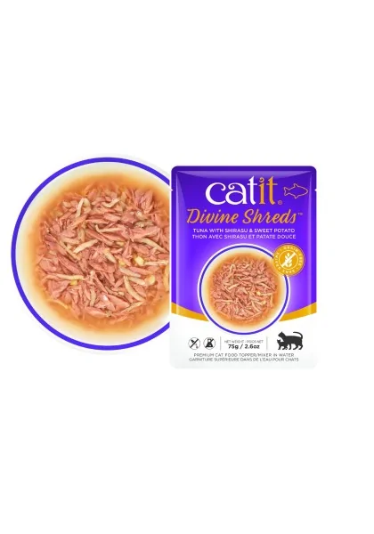 Comida Húmeda Gatos Catit DivineShreds Sopa Atún Shirasu Boniato 75g