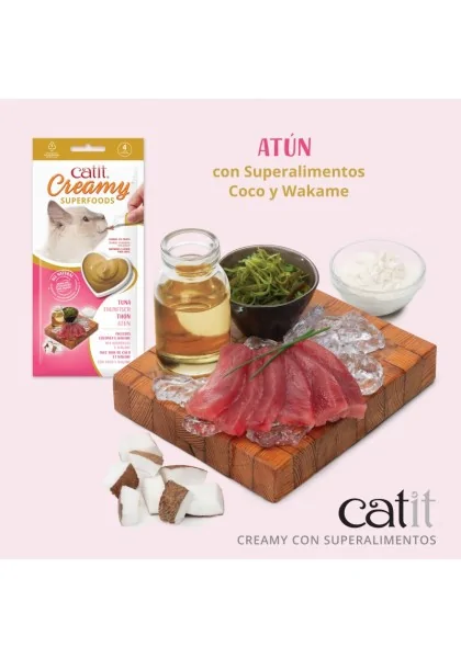 Comida Húmeda Gatos Catit Creamy Superfood Atún Coco Wakame 4x10g Atún,Coco