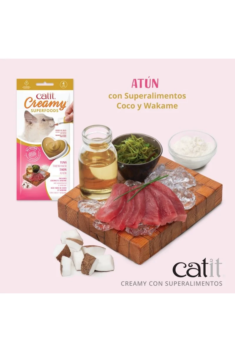 Comida Húmeda Gatos Catit Creamy Superfood Atún Coco Wakame 4x10g Atún,Coco