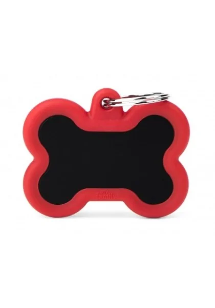 Chapas Perro  HTA01REDMP Hueso Aluminio Negro Con Goma Roja