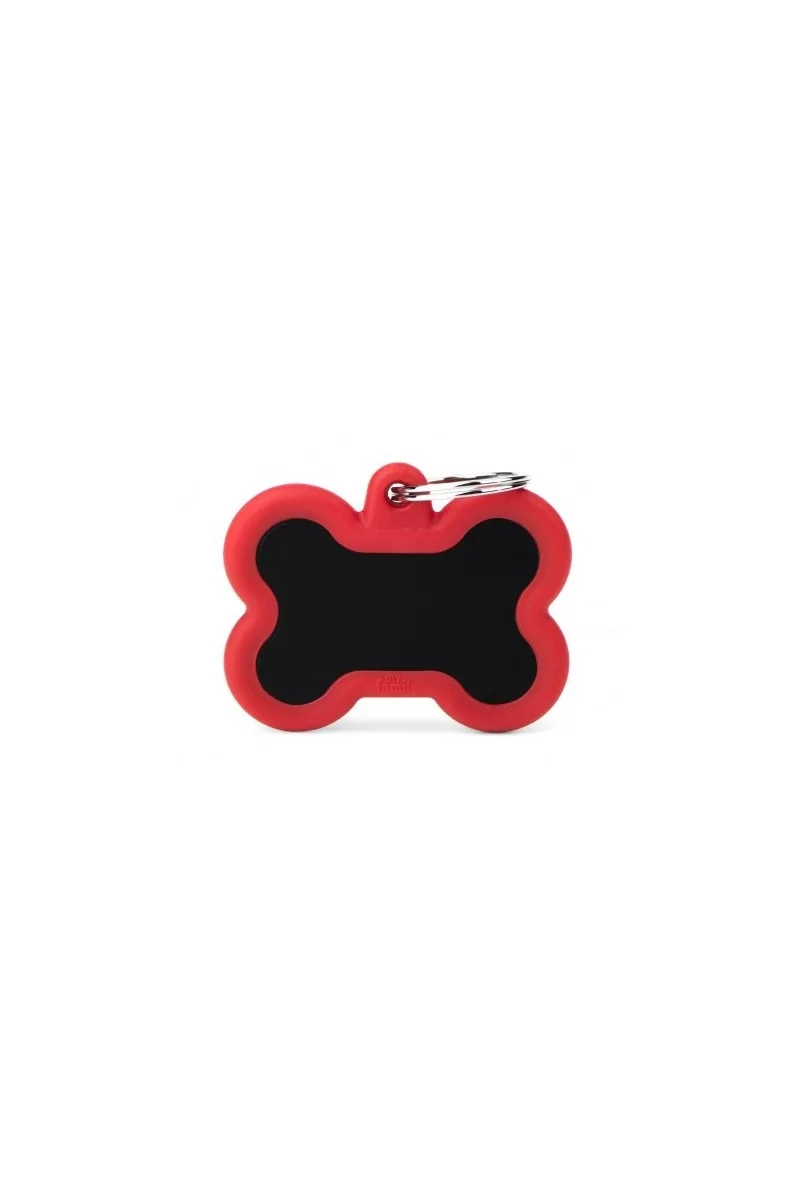 Chapas Perro  HTA01REDMP Hueso Aluminio Negro Con Goma Roja