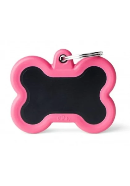 Chapas Perro  HTA01PINKMP Hueso Aluminio Negro Con Goma Rosa