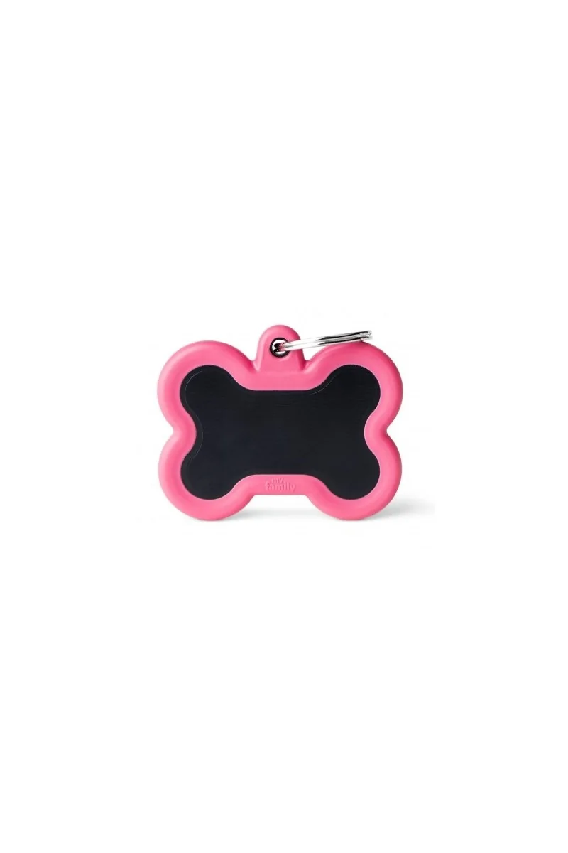 Chapas Perro  HTA01PINKMP Hueso Aluminio Negro Con Goma Rosa