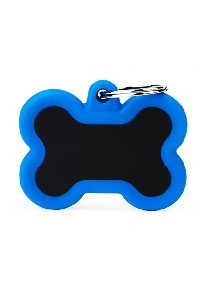 Chapas Perro  HTA01BLUEMP Hueso Aluminio Negro Con Goma Azul