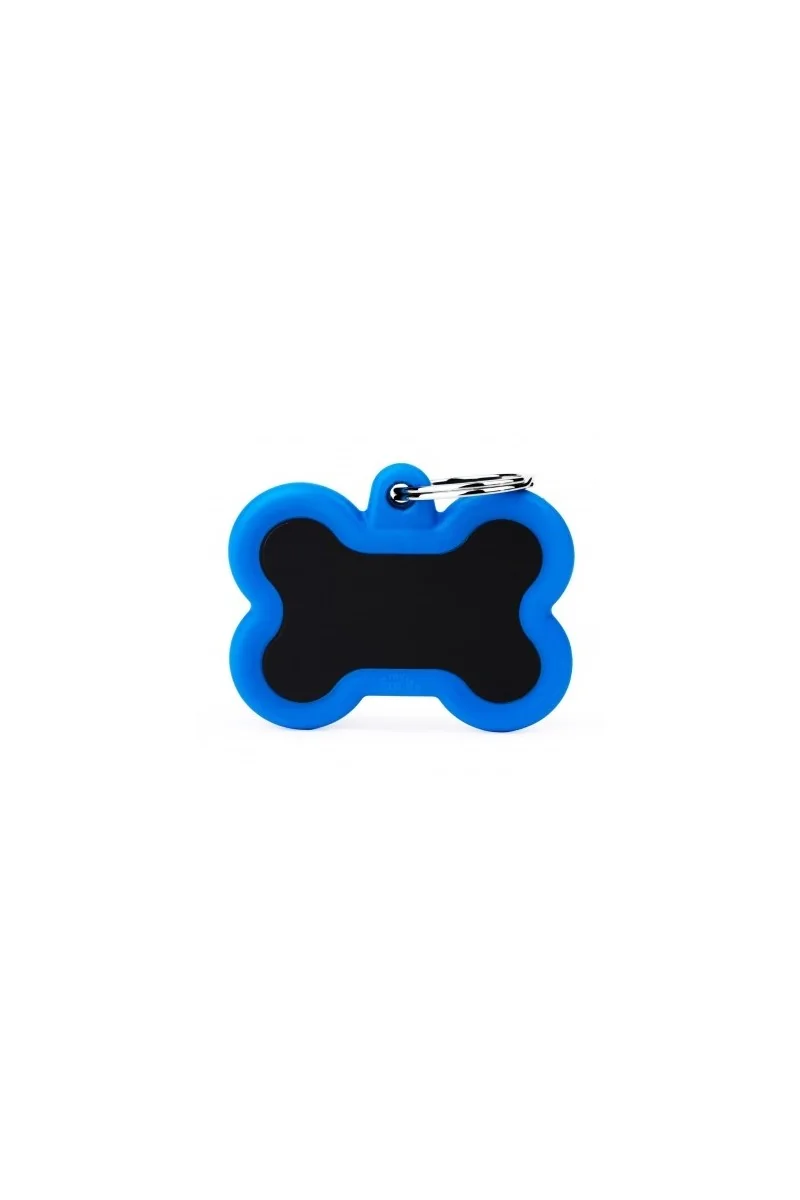 Chapas Perro  HTA01BLUEMP Hueso Aluminio Negro Con Goma Azul