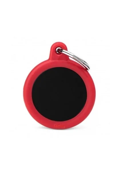 Chapas Perro  HTA04REDMP Círculo Aluminio Negro Con Goma Roja