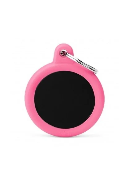 Chapas Perro  HTA04PINKMP Círculo Aluminio Negro Con Goma Rosa