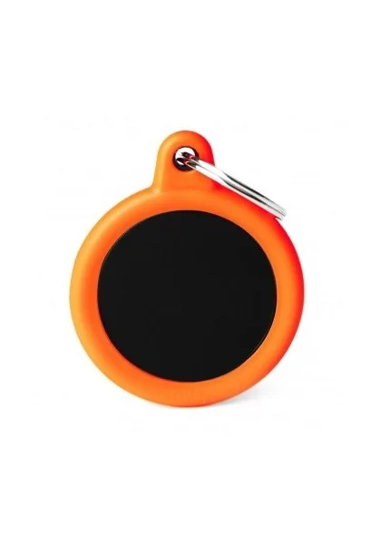 Chapas Perro  HTA04ORANGEMP Círculo Aluminio Negro Con Goma Naranja