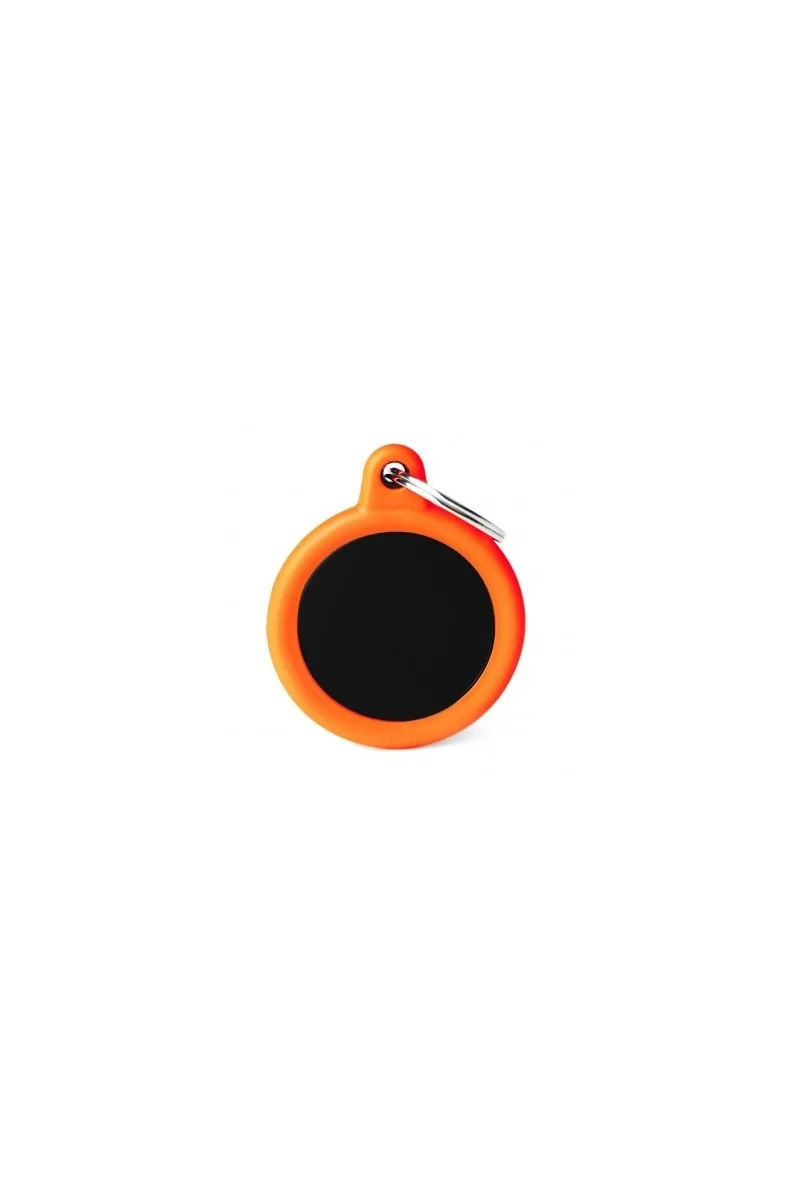 Chapas Perro  HTA04ORANGEMP Círculo Aluminio Negro Con Goma Naranja