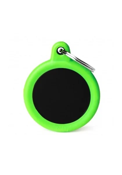 Chapas Perro  HTA04GREENMP Círculo Aluminio Negro Con Goma Verde