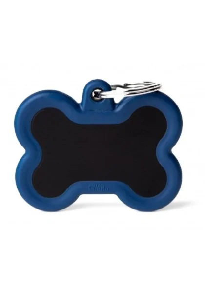 Chapas Perro  HTA01DARKBMP Hueso Aluminio Negro Con Goma Azul Oscuro