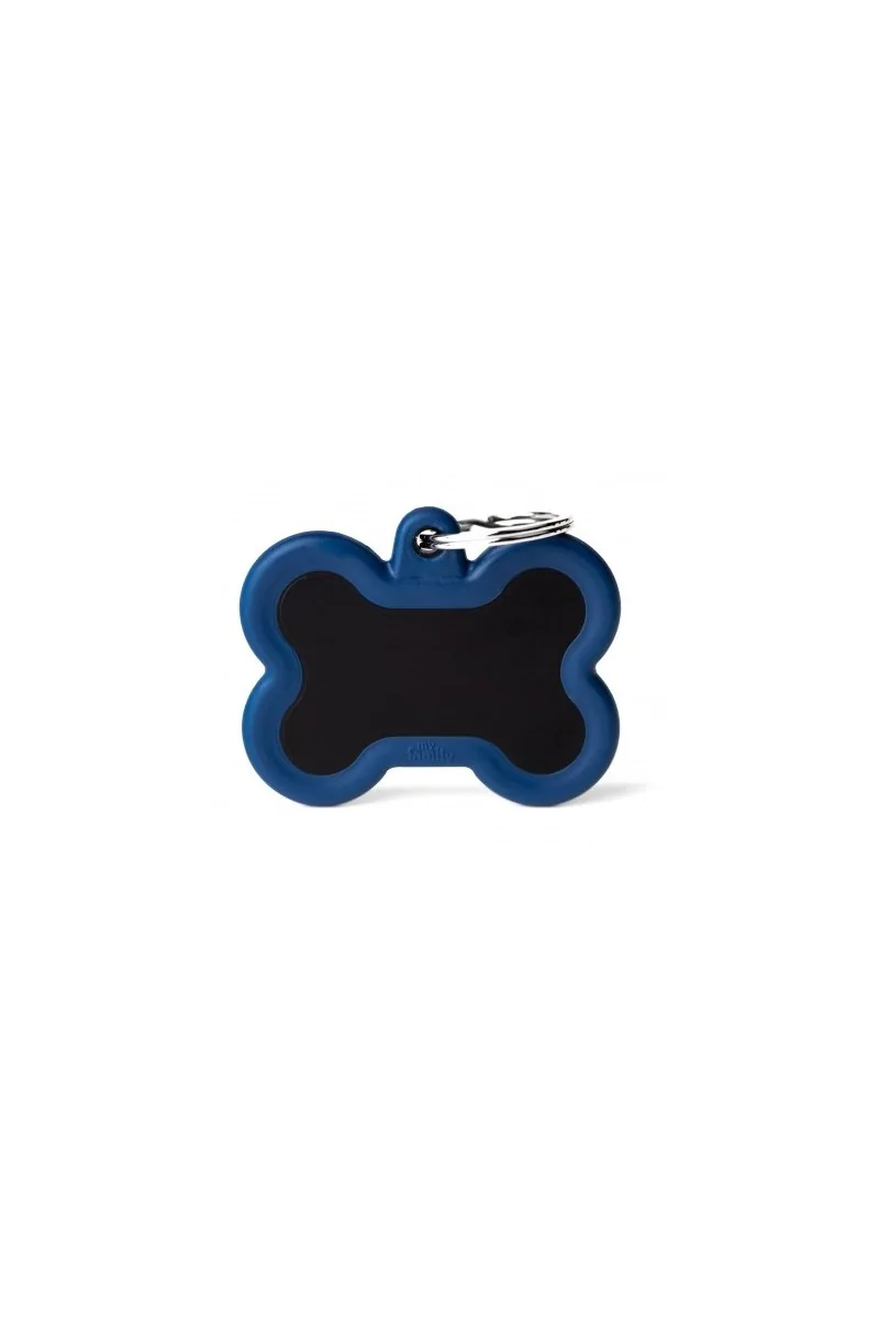 Chapas Perro  HTA01DARKBMP Hueso Aluminio Negro Con Goma Azul Oscuro