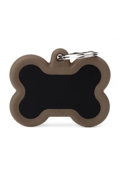 Chapas Perro  HTA01BROWNMP Hueso Aluminio Negro Con Goma Marrón