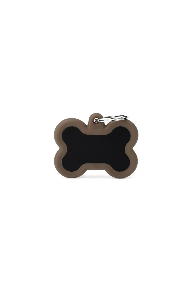 Chapas Perro  HTA01BROWNMP Hueso Aluminio Negro Con Goma Marrón