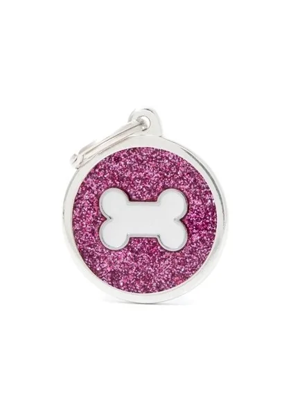 Chapas Perro  Gl05Pink Circulo Rosa Grande Purpurina Hueso Blanco