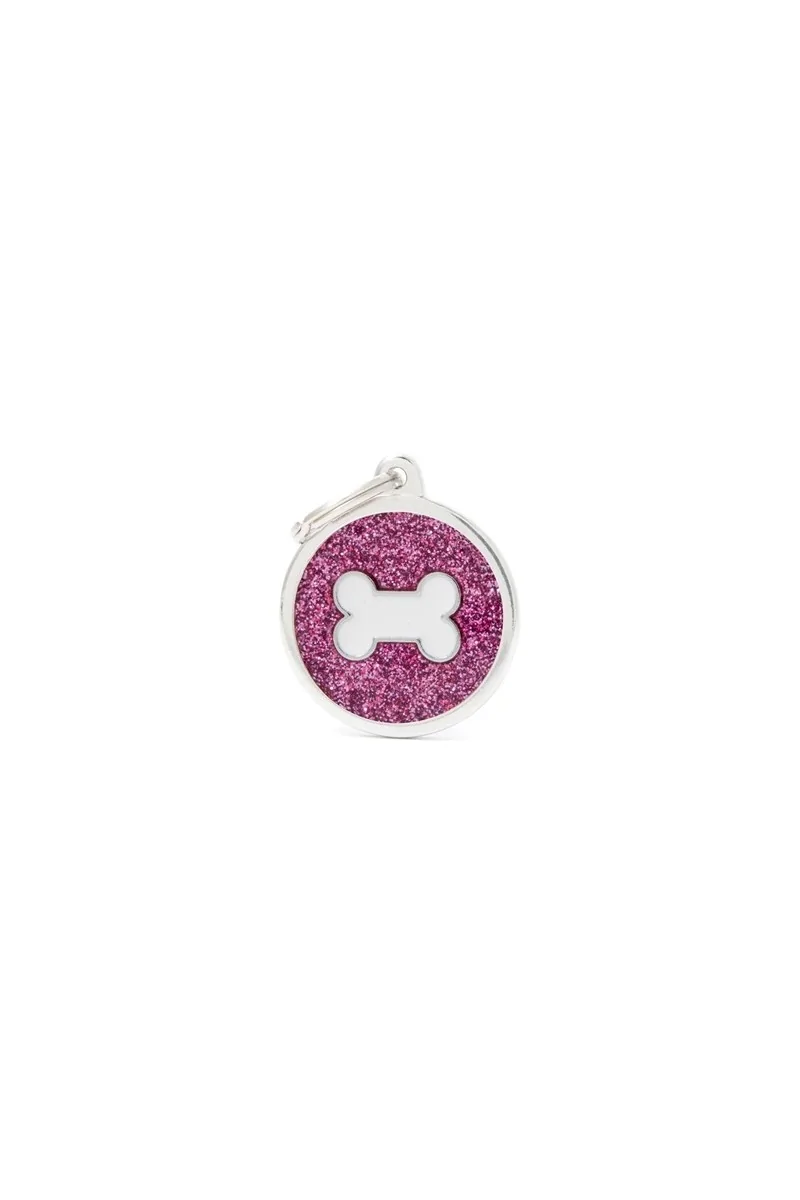 Chapas Perro  Gl05Pink Circulo Rosa Grande Purpurina Hueso Blanco