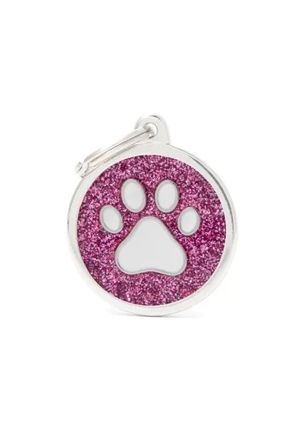 Chapas Gato,Perro  Gl06Pink Circulo Rosa Grande Purpurina Huella Blanca