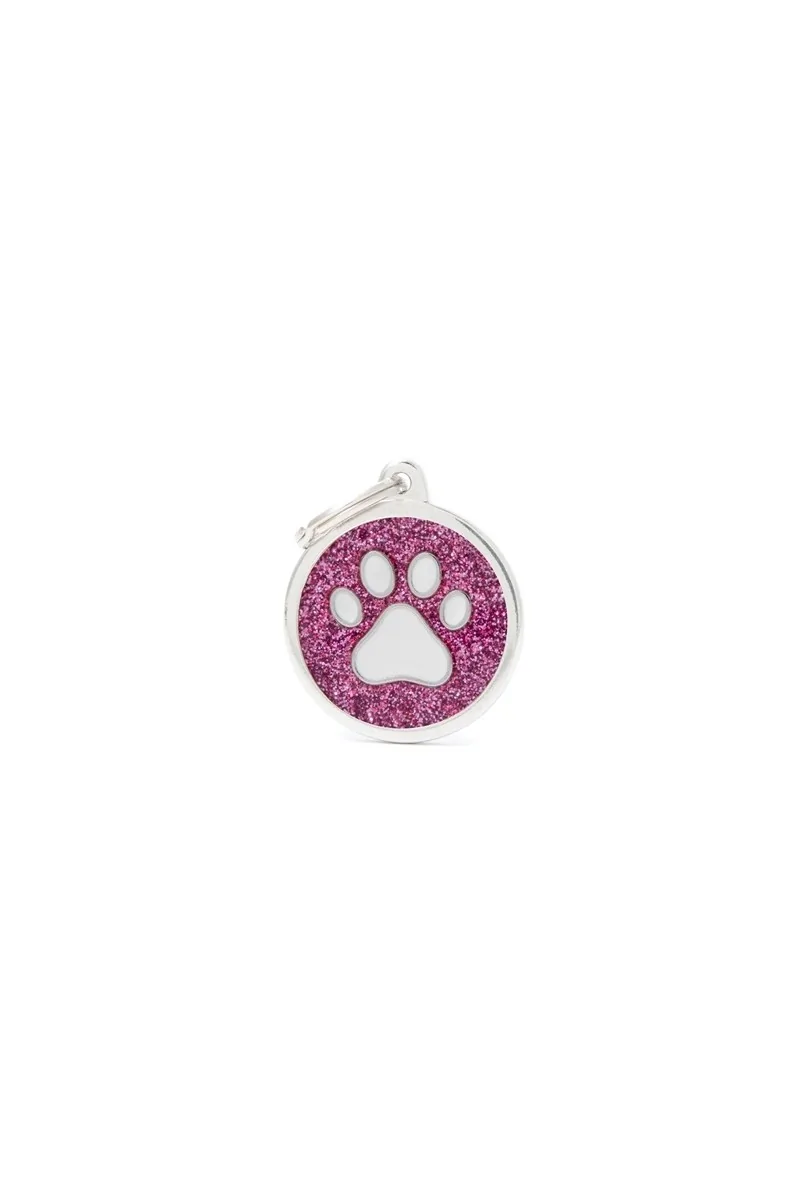 Chapas Gato,Perro  Gl06Pink Circulo Rosa Grande Purpurina Huella Blanca