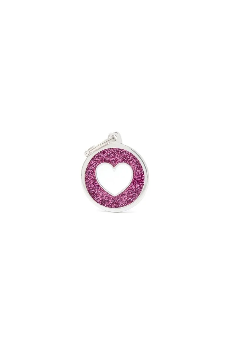 Chapas Gato,Perro  Gl07Pink Circulo Rosa Grande Purpurina Corazón Blanco