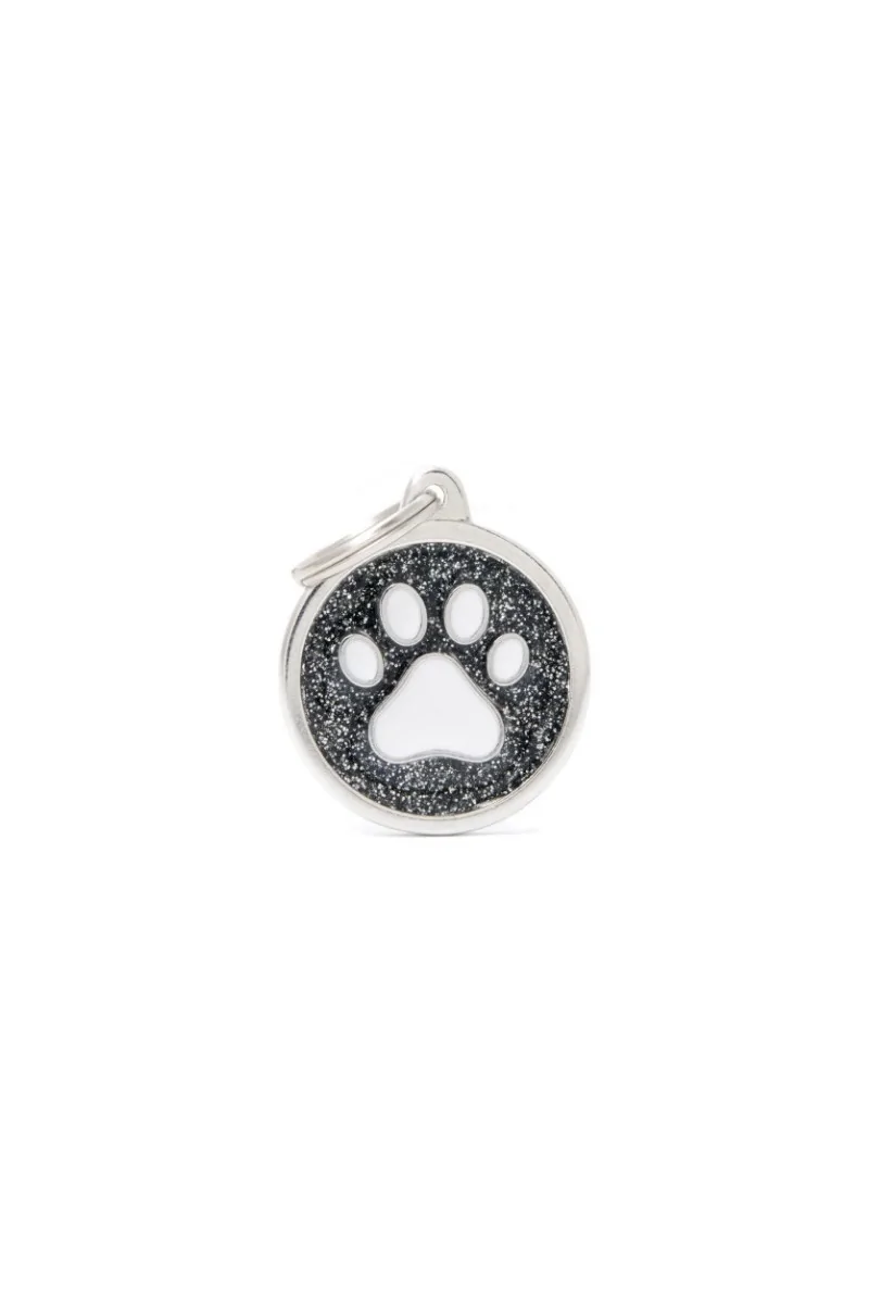 Chapas Perro  Gl06Black Circulo Negro Grande Purpurina Huella Blanca