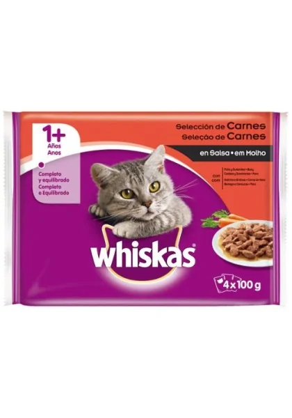 Comida Húmeda Gato Adulto Whiskas Multi 1+ Selec Carnes 4X100Gr