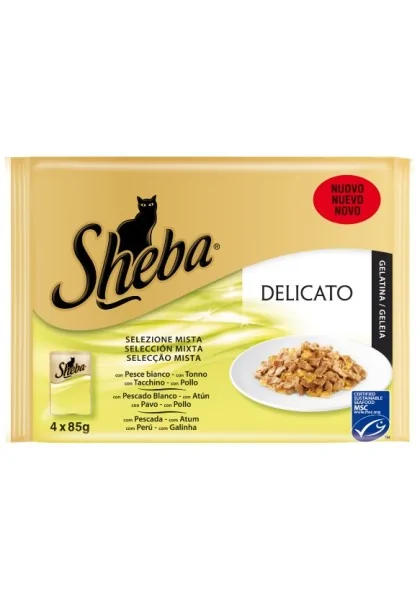 Comida Húmeda Gato Adulto Sheba Mix Pescado Y Carne Gelatina 4X85Gr