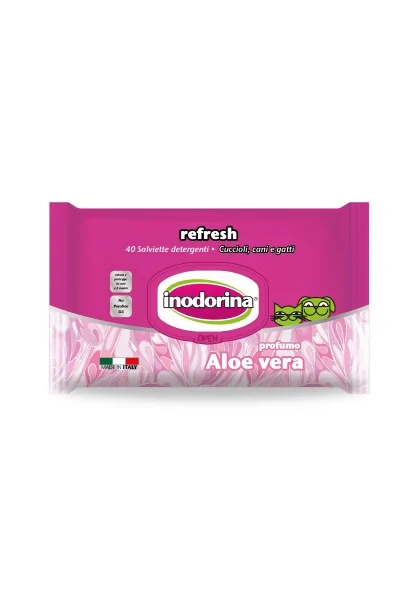 Toallitas Gato,Perro  inodorina toallita Refresh Aloe Vera 40 pz