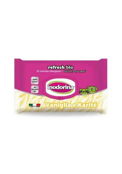 Toallitas Gato,Perro  Inodorina Toallita Refresh Bio Vainilla-Karité 30p