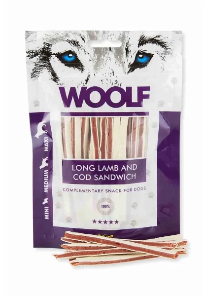 Suplemento Premio Perro  Woolf Soft Lamb and Cod Sandwich LONG 100Gr