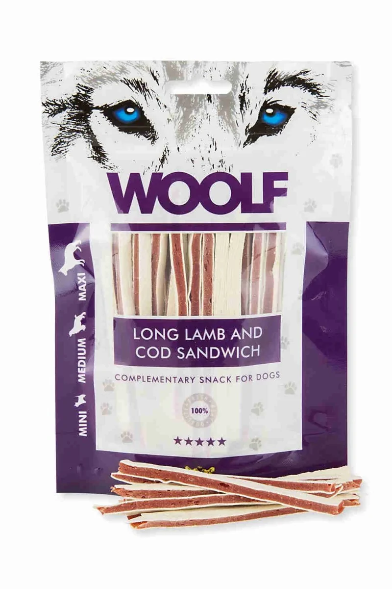 Suplemento Premio Perro  Woolf Soft Lamb and Cod Sandwich LONG 100Gr