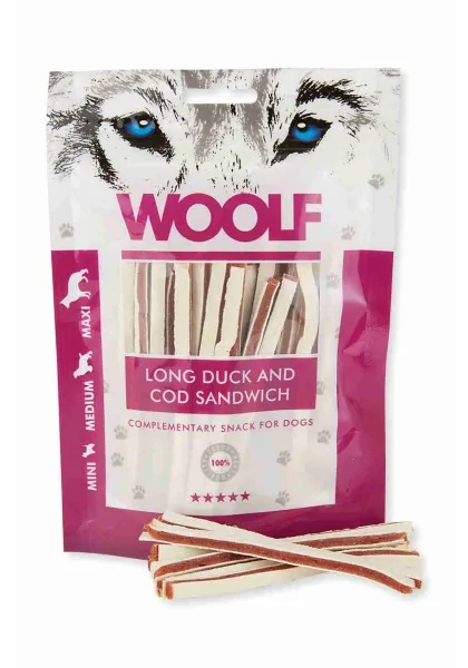 Suplemento Premio Perro  Woolf Soft Duck and Cod Sandwich  LONG 100Gr