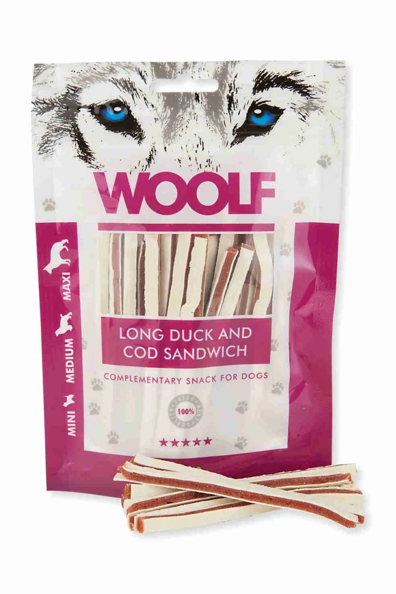 Suplemento Premio Perro  Woolf Soft Duck and Cod Sandwich  LONG 100Gr