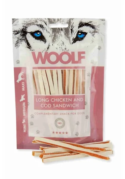 Suplemento Premio Perro  Woolf Soft Chicken & Cod Sandwich LONG 100Gr