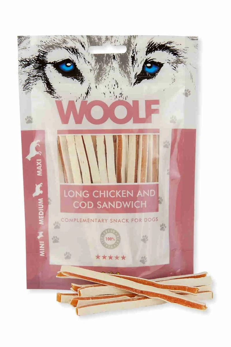 Suplemento Premio Perro  Woolf Soft Chicken & Cod Sandwich LONG 100Gr