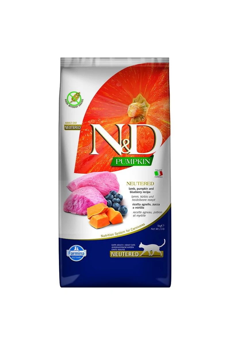 Comida Natural Gato Farmina Nd Cat Pumpkin Neutered Cordero Arandano 5Kg  